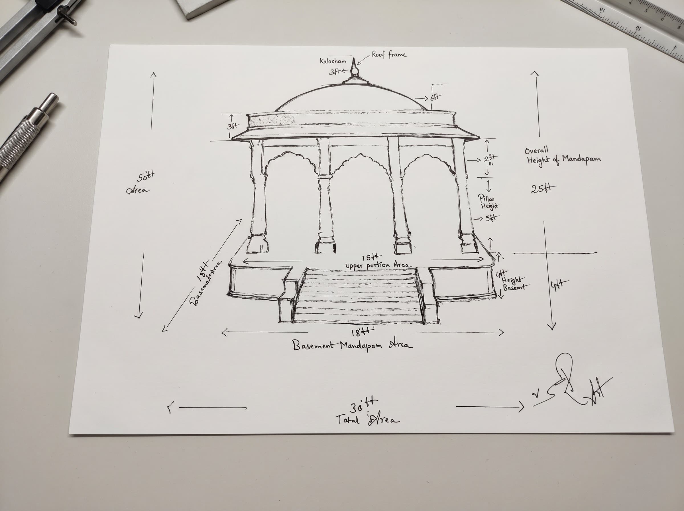 Hand-drawn technical sketch of a mandapam with dimensions marked
