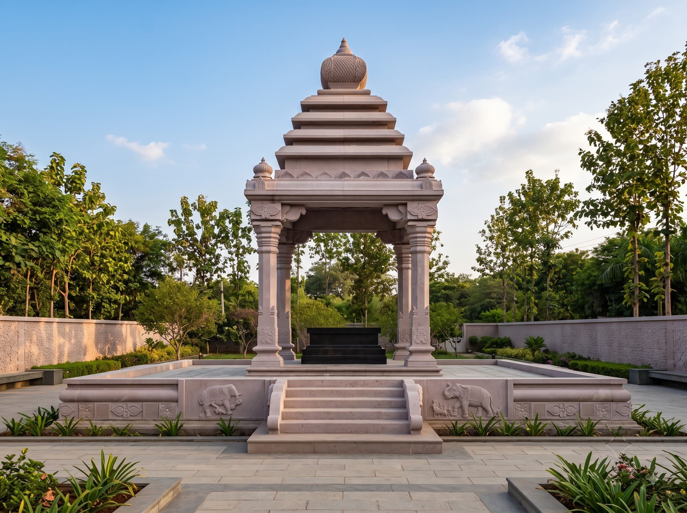 Pink granite mandapam with a black granite memorial at its centre