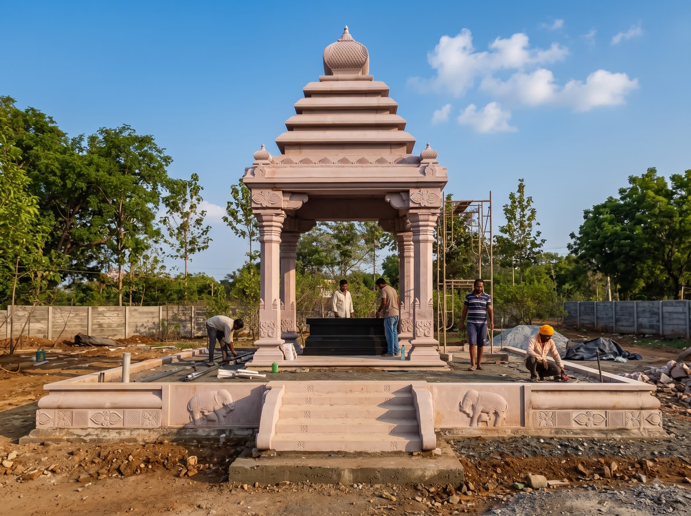 Workers assembling a pink granite mandapam on a construction site