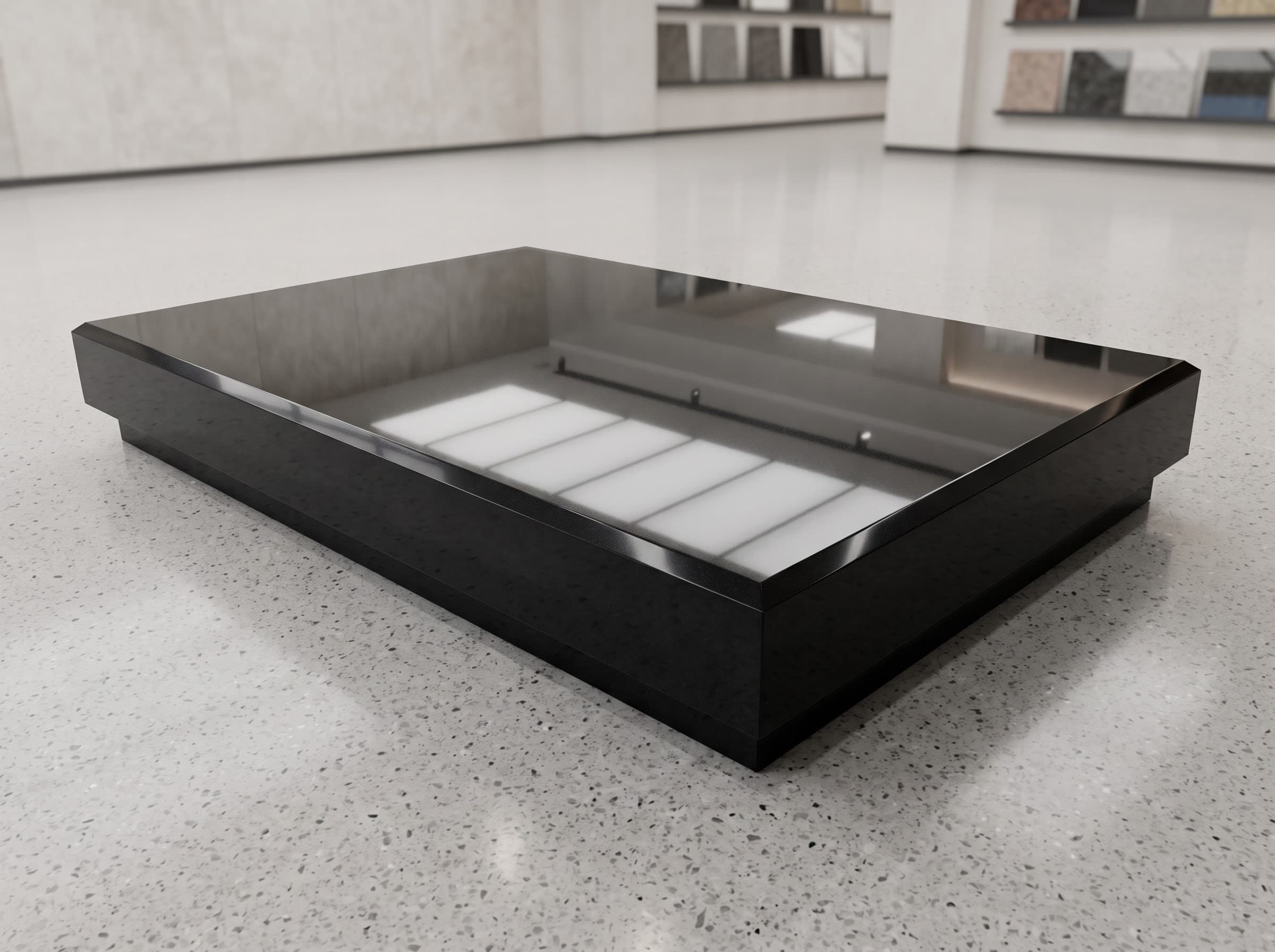 Rectangular polished black granite tray with a recessed centre