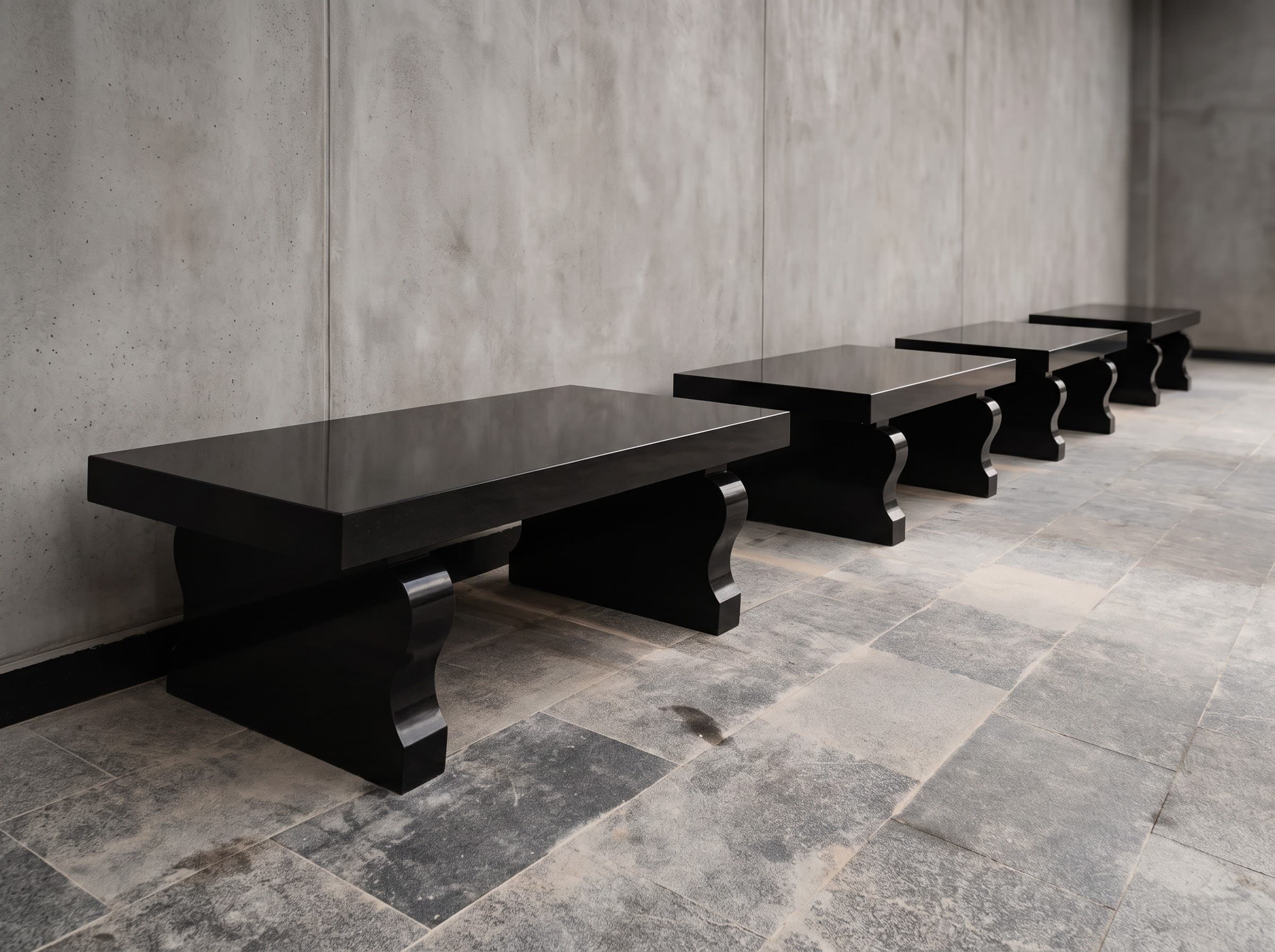 A row of matching black granite benches along a concrete wall