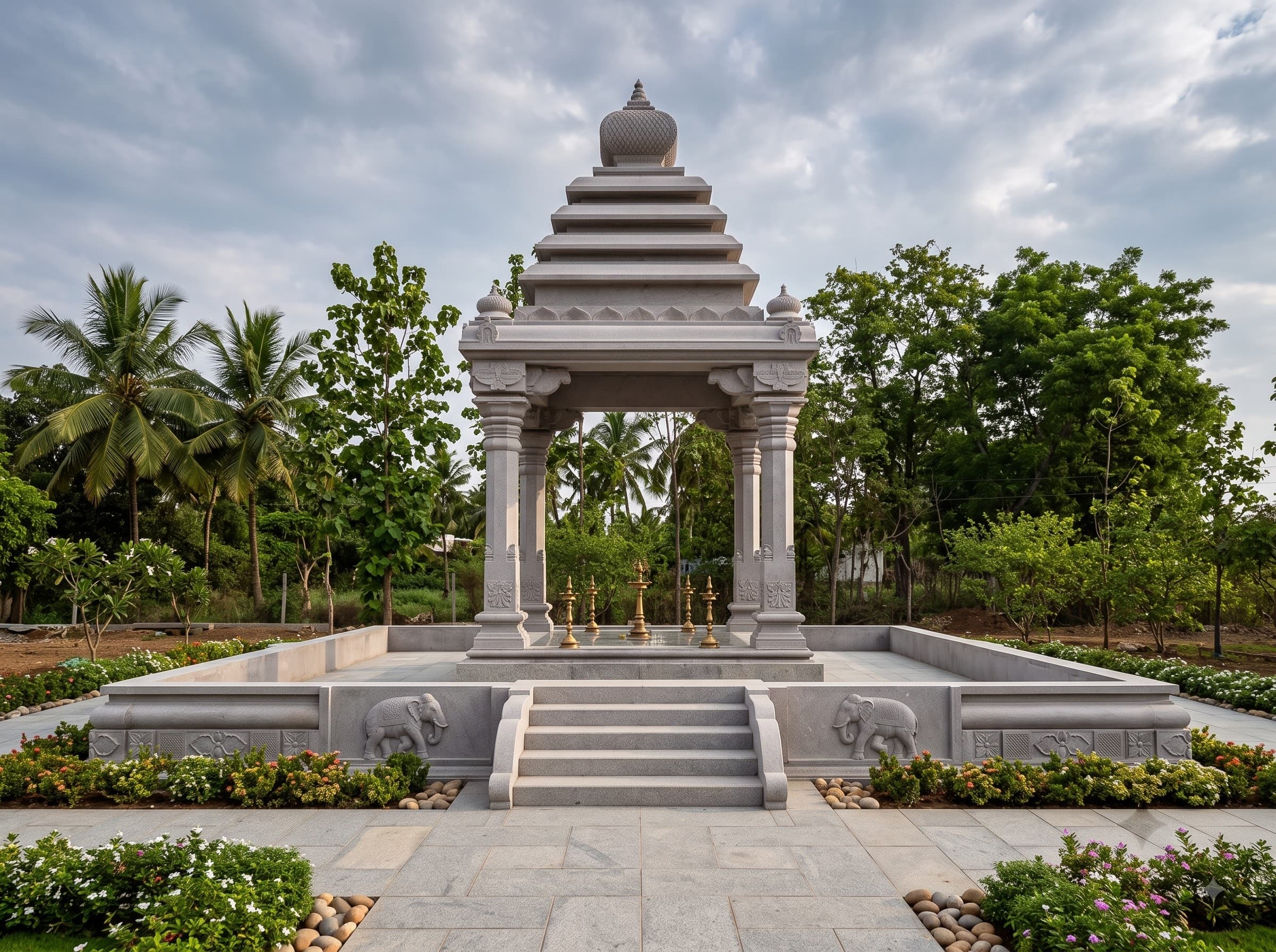 Grey granite mandapam with a tiered roof and carved steps in a landscaped garden
