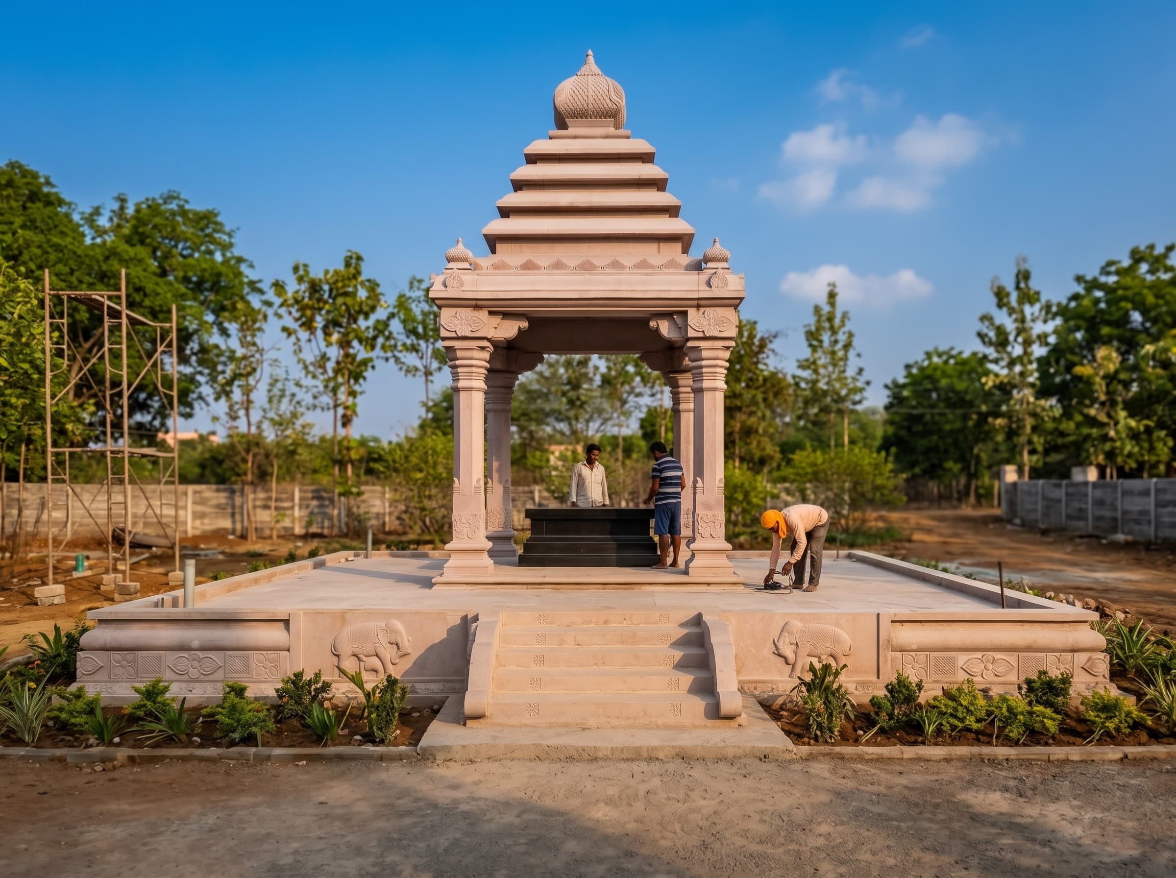 Workers completing the installation of a pink granite mandapam