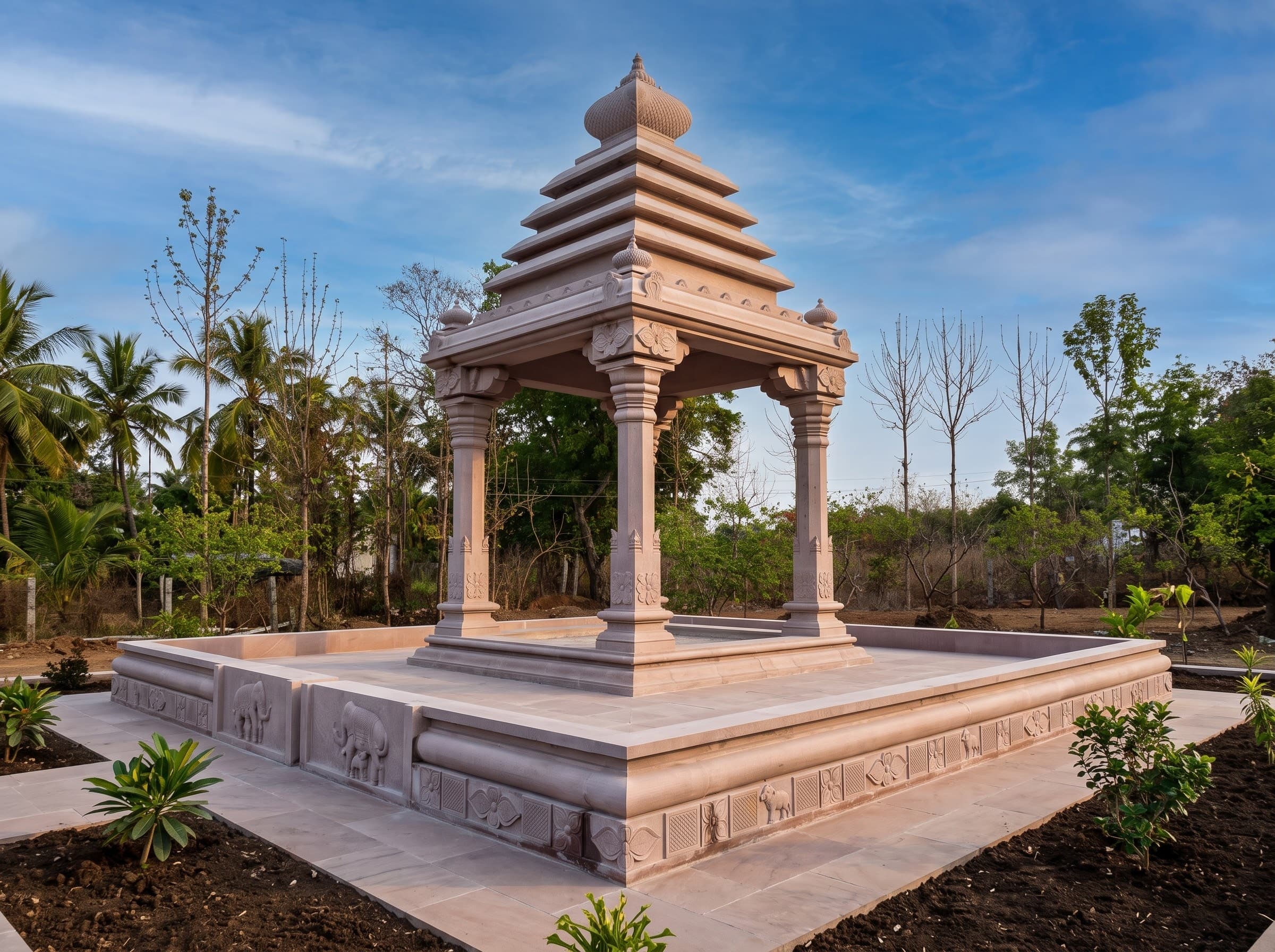 Pink granite mandapam with tiered roof standing in an open landscape