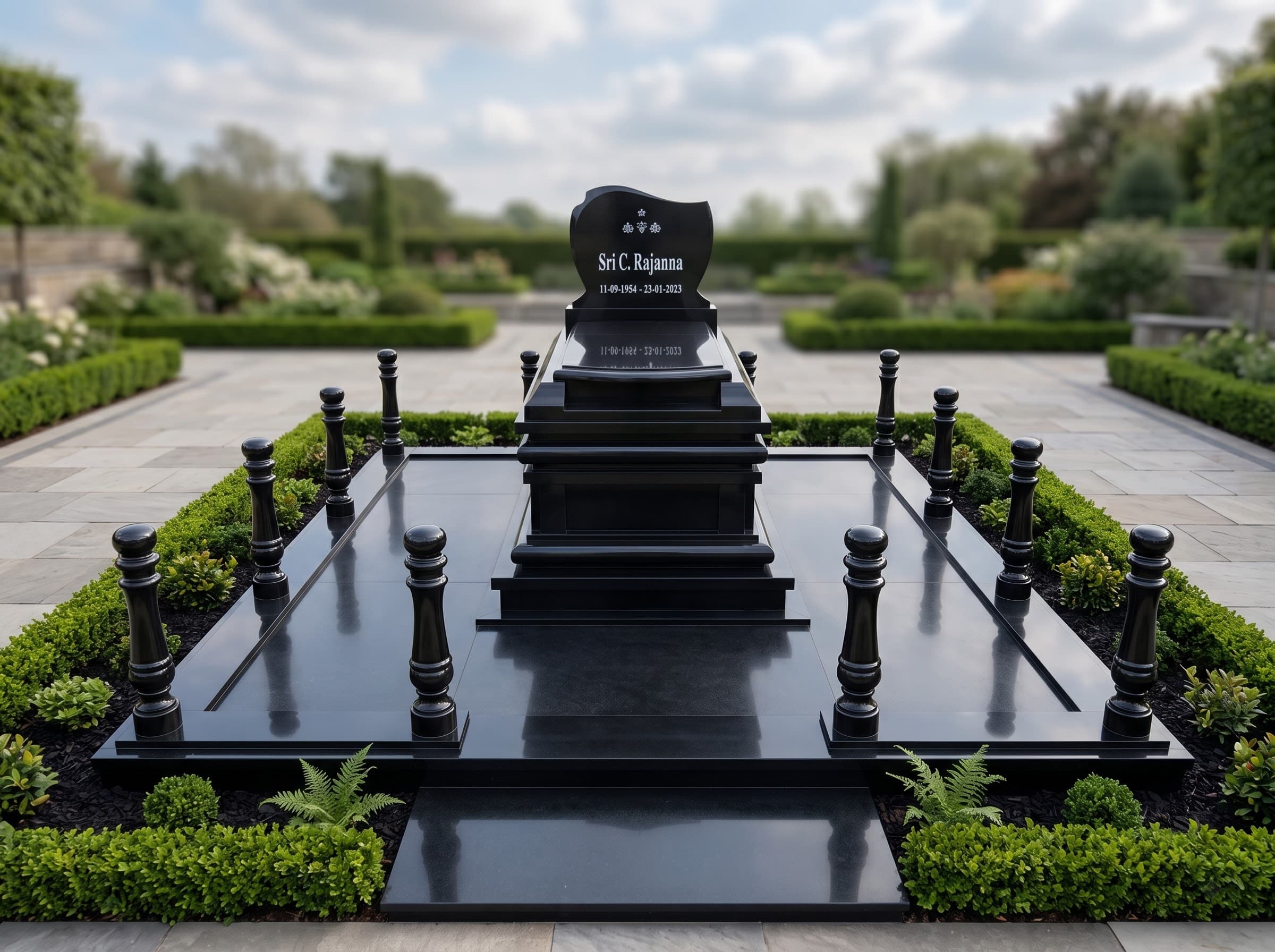 Black granite memorial with polished balusters surrounding a landscaped cemetery plot