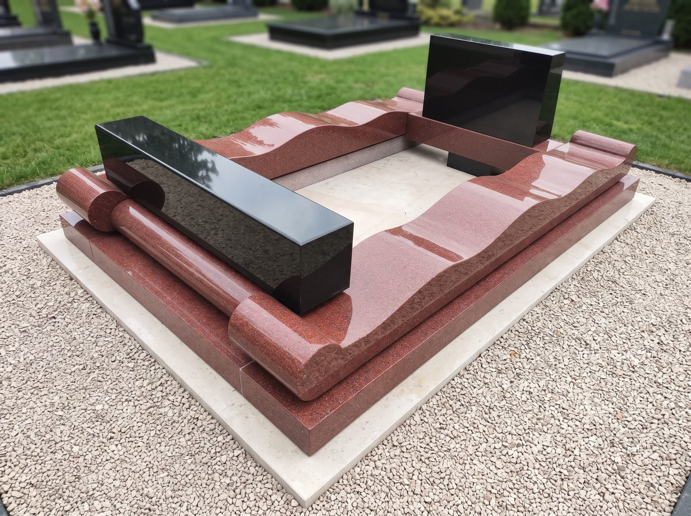 Red granite grave surround with black granite headstone and book panel